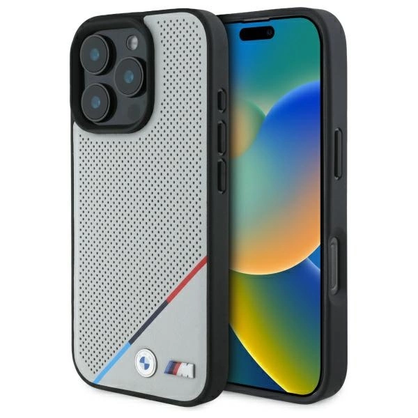 BMW M Perforated Tricolor Line MagSafe Case for iPhone 16 Pro Max - Grayeng