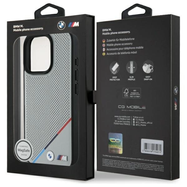 BMW M Perforated Tricolor Line MagSafe Case for iPhone 16 Pro Max - Grayeng