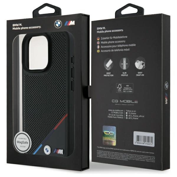 BMW M Perforated Tricolor Line MagSafe Case for iPhone 16 Pro Max - Blackeng