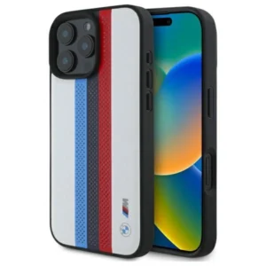 BMW M Performance Tricolor Printed Stripes MagSafeMagSafe iPhone 16 Pro Max Case - Whiteeng