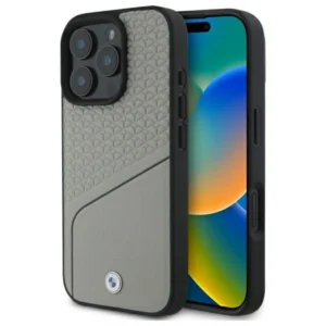 BMW Sign Leather Textured and Line MagSafe Case for iPhone 16 Pro Max - Grayeng