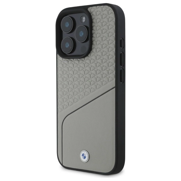 BMW Sign Leather Textured and Line MagSafe Case for iPhone 16 Pro Max - Grayeng