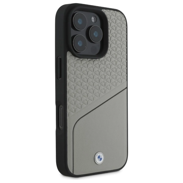 BMW Sign Leather Textured and Line MagSafe Case for iPhone 16 Pro Max - Grayeng