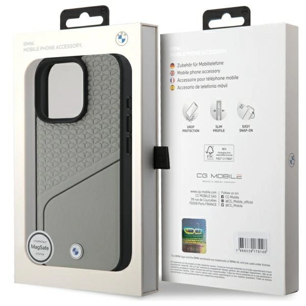 BMW Sign Leather Textured and Line MagSafe Case for iPhone 16 Pro Max - Grayeng