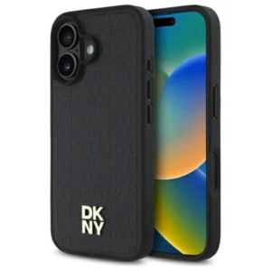 DKNY Repeat Pattern Stack Logo MagSafe iPhone 16 Case - Blackeng