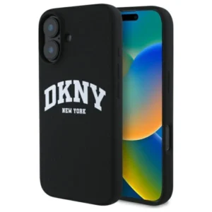 DKNY Silicone White Printed Logo MagSafe iPhone 16 Case - Blackeng
