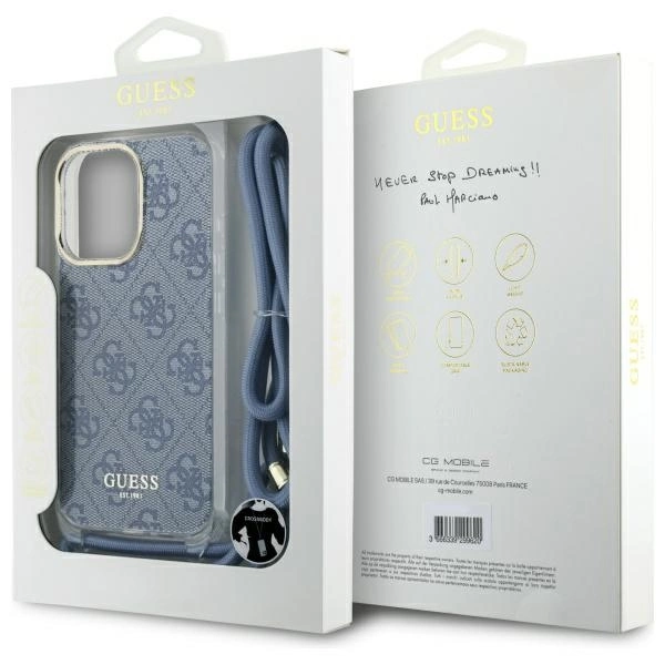 Guess Crossbody Cord 4G Print Case with Lanyard for iPhone 16 Pro - Blueeng