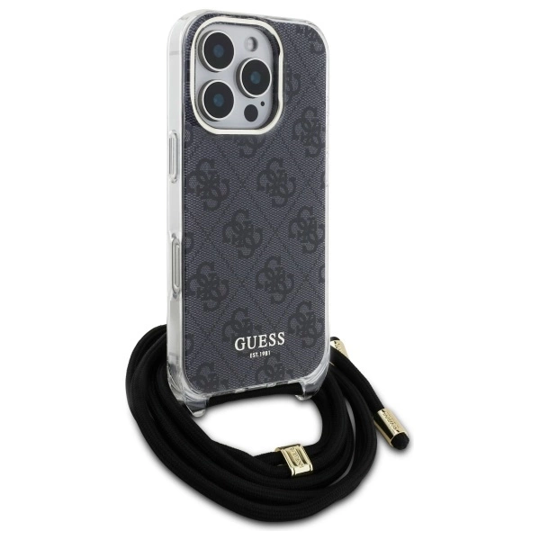 Guess Crossbody Cord 4G Print Case with Lanyard for iPhone 16 Pro - Blackeng
