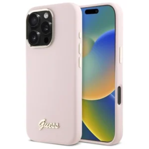 Guess Silicone Script Metal Logo & Frame iPhone 16 Pro Case - Pinkeng