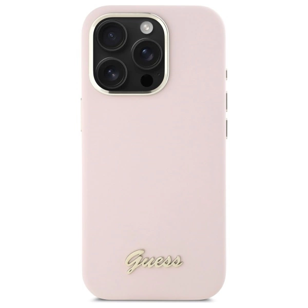 Guess Silicone Script Metal Logo & Frame iPhone 16 Pro Case - Pinkeng