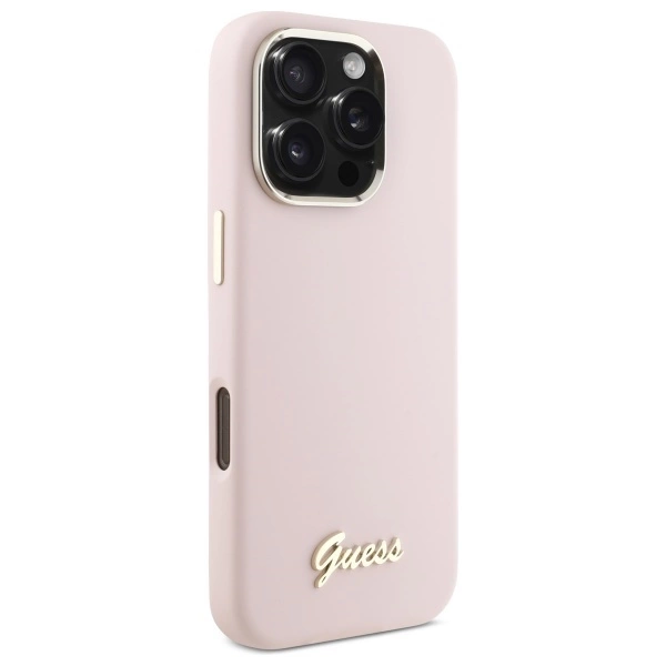 Guess Silicone Script Metal Logo & Frame iPhone 16 Pro Case - Pinkeng