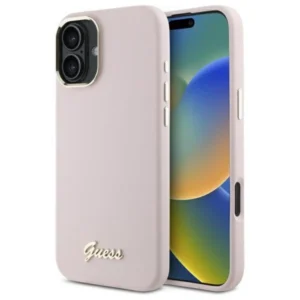 Guess Silicone Script Metal Logo & Frame iPhone 16 Plus Case - Pinkeng