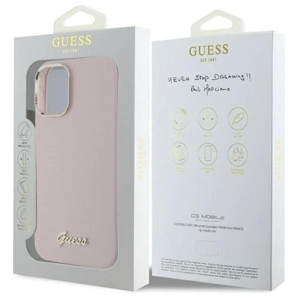 Guess Silicone Script Metal Logo & Frame iPhone 16 Plus Case - Pinkeng