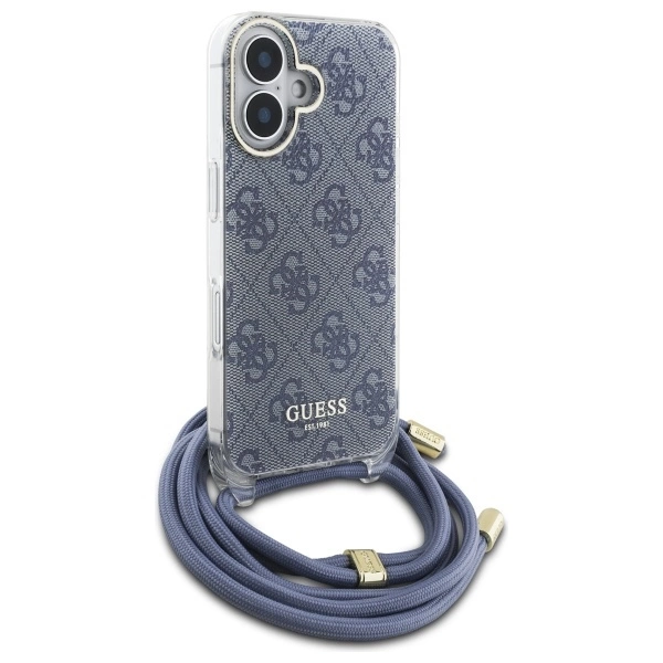 Guess Crossbody Cord 4G Print Case with Lanyard for iPhone 16 - Blueeng