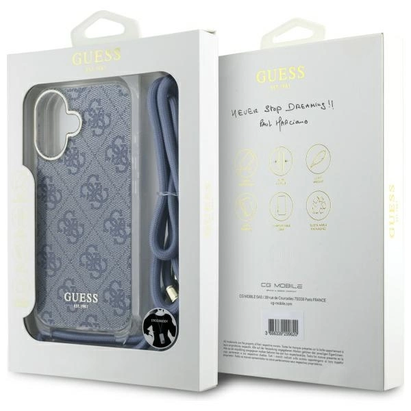Guess Crossbody Cord 4G Print Case with Lanyard for iPhone 16 - Blueeng