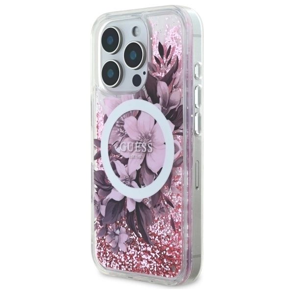 Guess Liquid Glitter Flower MagSafe iPhone 16 Pro Case - Pinkeng