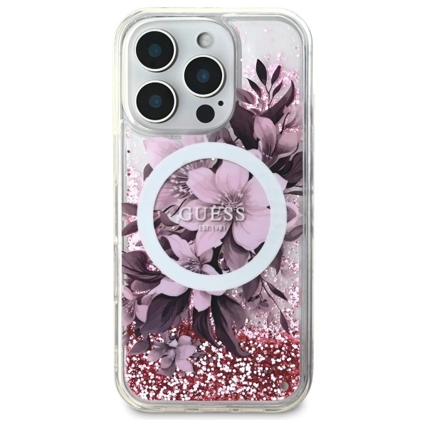 Guess Liquid Glitter Flower MagSafe iPhone 16 Pro Case - Pinkeng