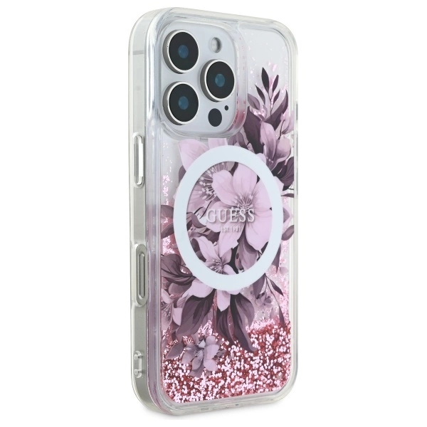 Guess Liquid Glitter Flower MagSafe iPhone 16 Pro Case - Pinkeng