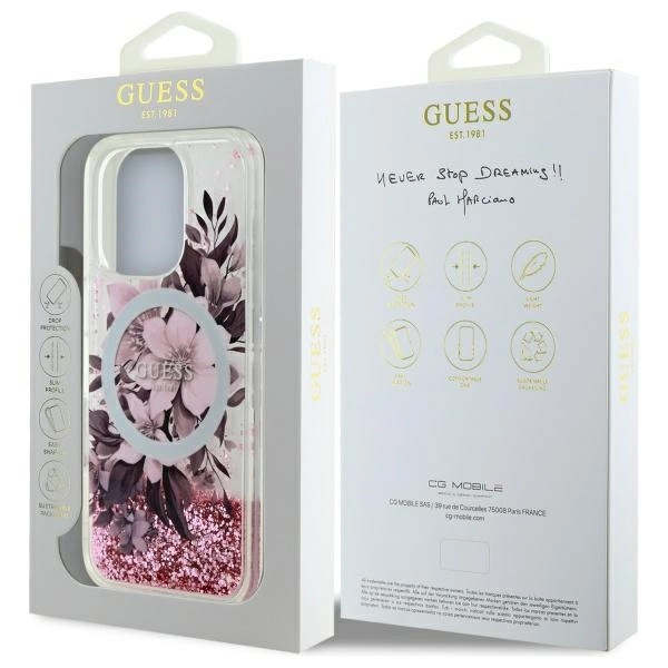 Guess Liquid Glitter Flower MagSafe iPhone 16 Pro Case - Pinkeng