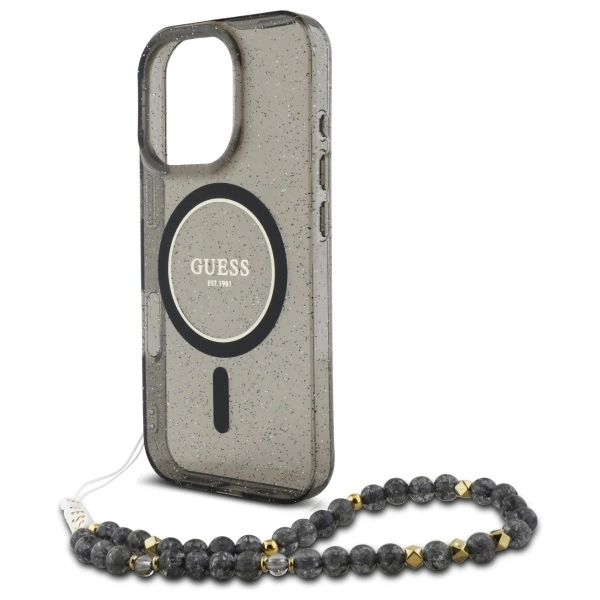 Guess IML Glitter With Pearl Strap MagSafe Case for iPhone 16 Pro Max - Blackeng
