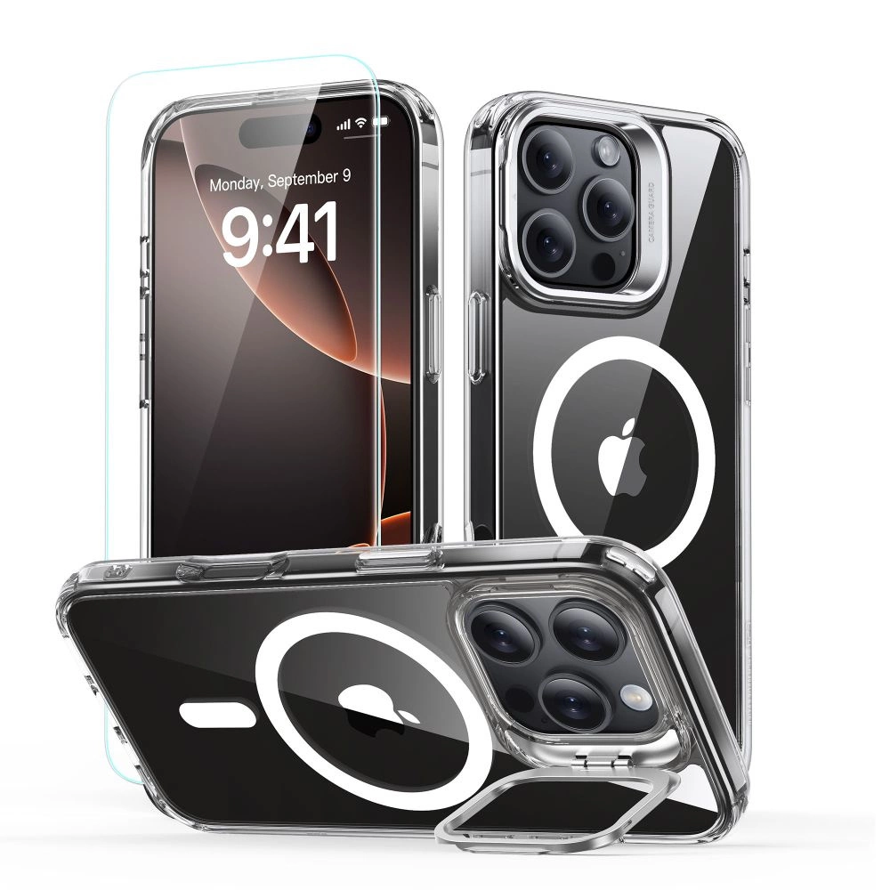 ESR Classic Hybrid Kickstand Halolock MagSafe Case Set with Stand + Tempered Glass for iPhone 16 Pro Max - Cleareng