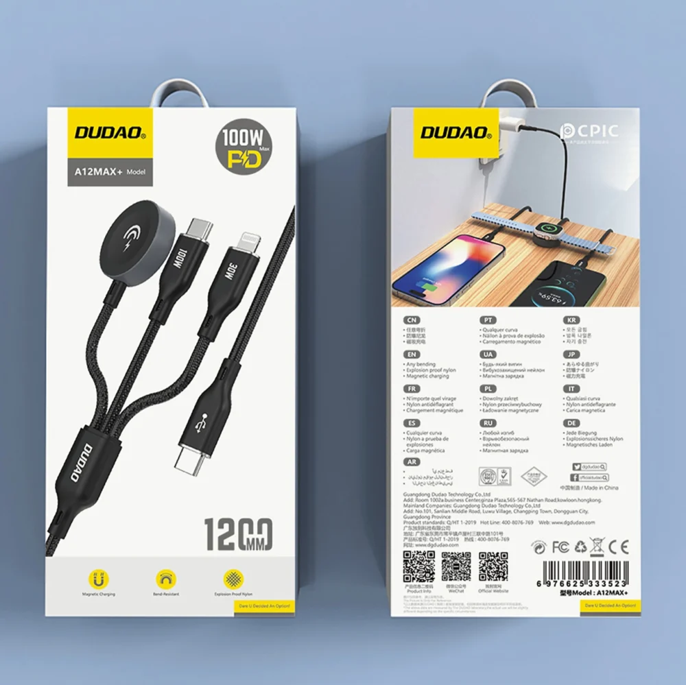 Apple Watch Dudao A12Max+ PD 100W 3in1 Charger Cable: USB-C Lightning 1.2m - Blackeng