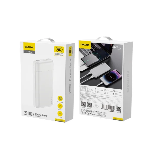Powerbank Dudao K18 Pro 20000mAh USB-A / USB-C / Micro USB - whiteeng