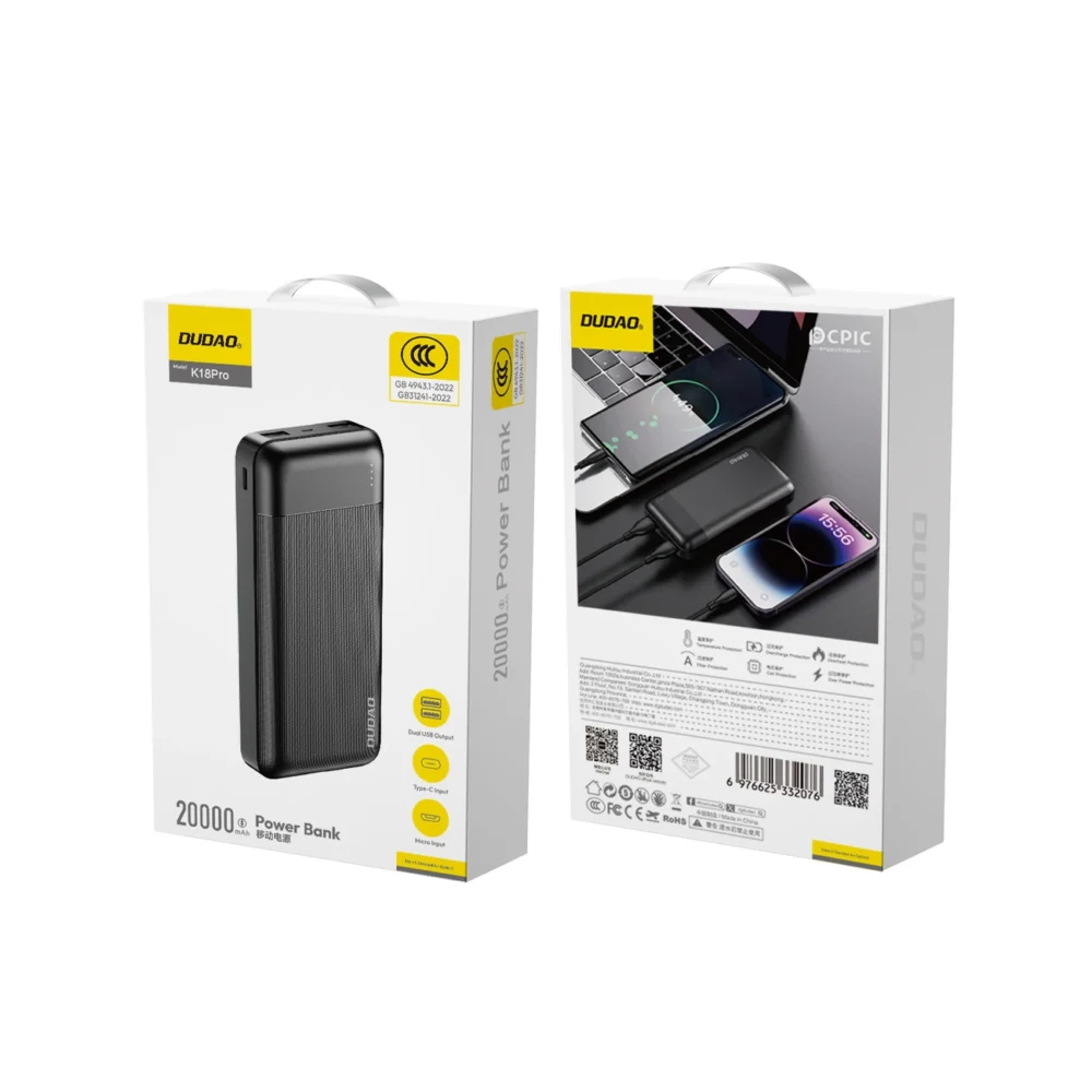 Powerbank Dudao K18 Pro 20000mAh USB-A / USB-C / Micro USB - blackeng