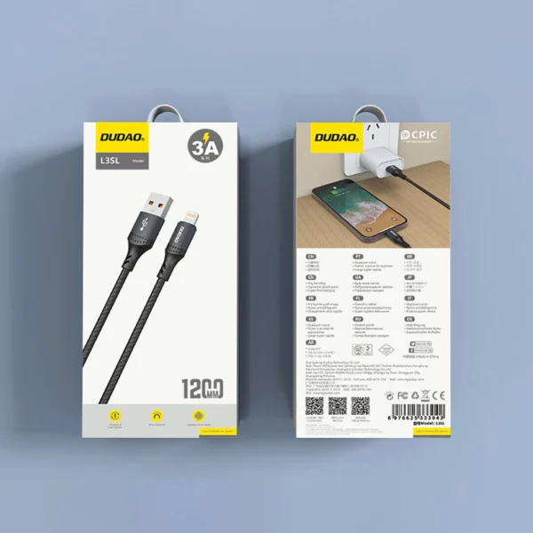 Dudao 3A 30W L3SL USB-A - Lightning Cable Braided 1.2m - Blackeng