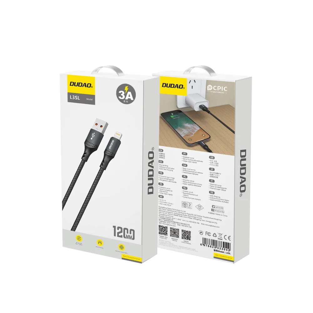 Dudao 3A 30W L3SL USB-A - Lightning Cable Braided 1.2m - Blackeng