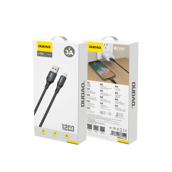 Dudao 3A 30W L3SL USB-A - Lightning Cable Braided 1.2m - Blackeng