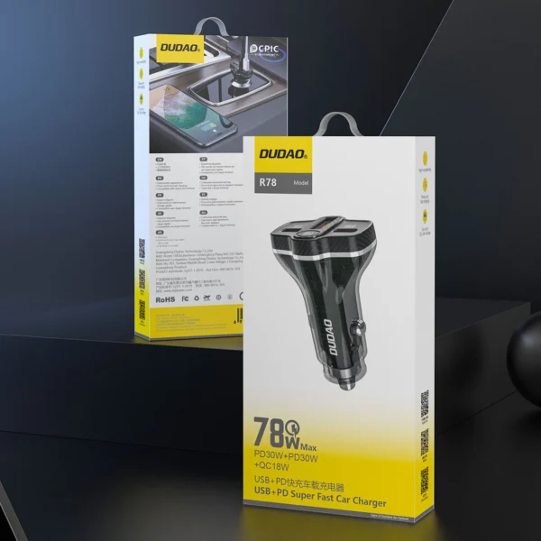 Dudao R78 78W Car Charger USB-C PD / 2xUSB-A QC - Blackeng