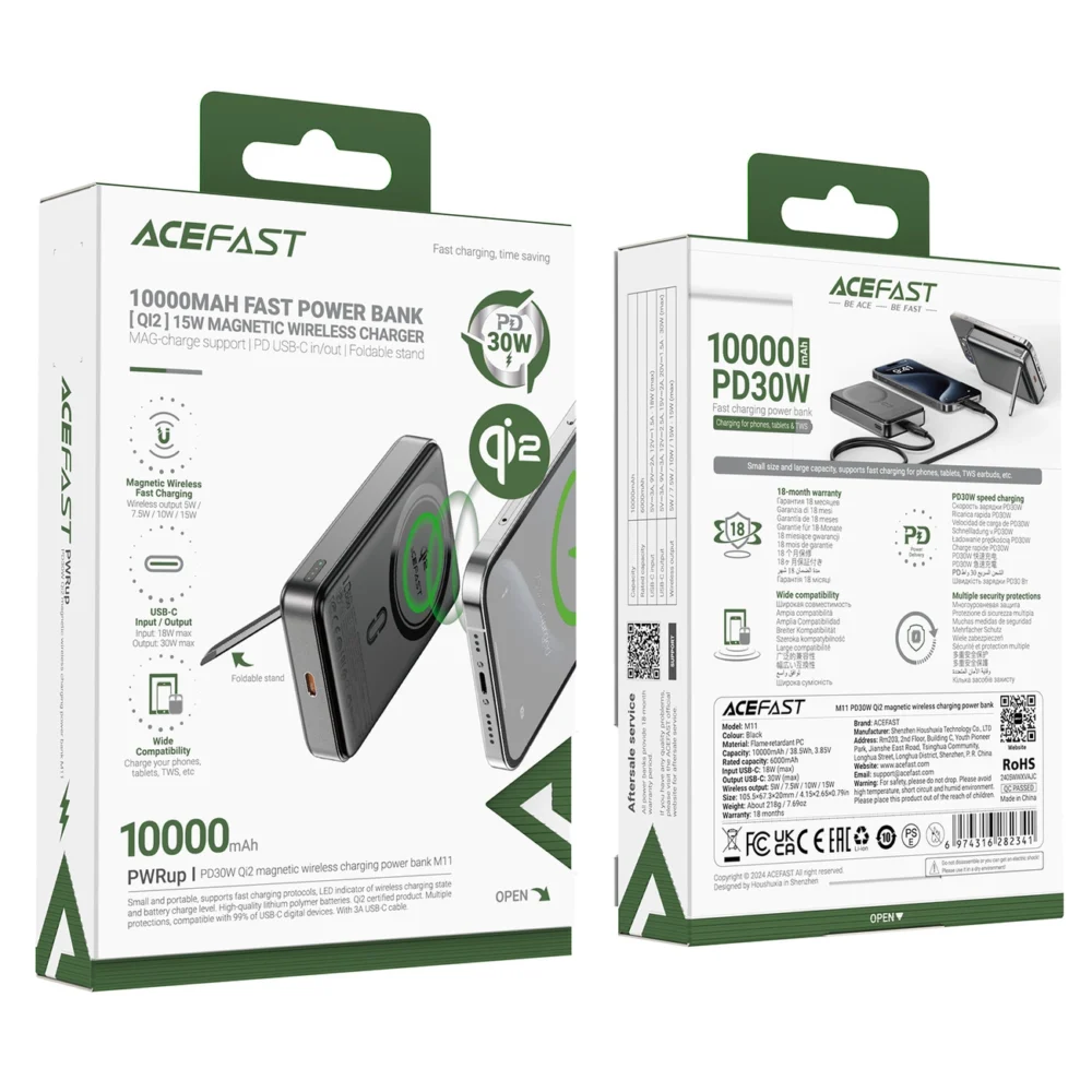 Acefast M11-10000 30W Qi2 Magnetic Power Bank with MagSafe - Blackeng