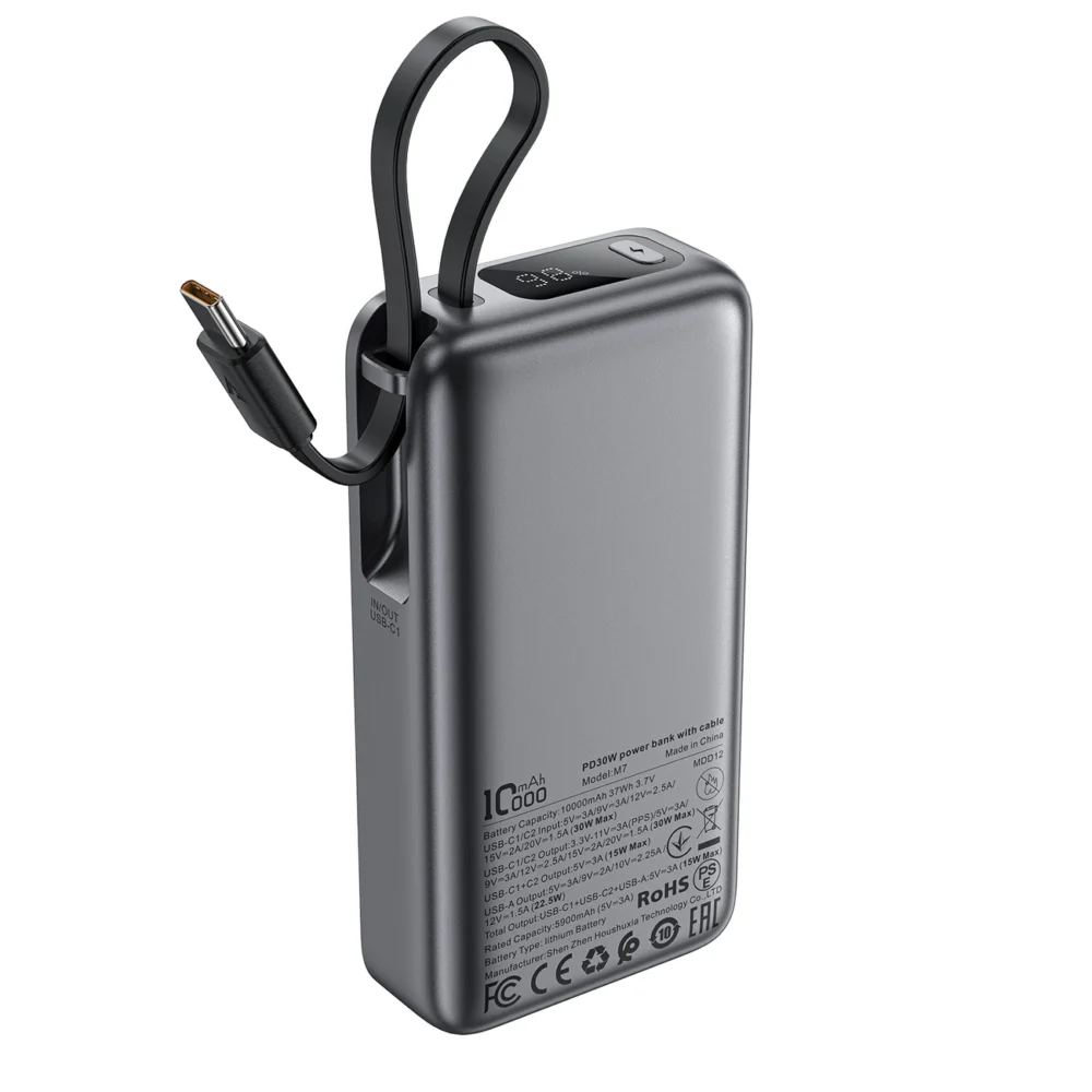Acefast M7-10000 PD30W Powerbank with Built-in Cable - Blackeng