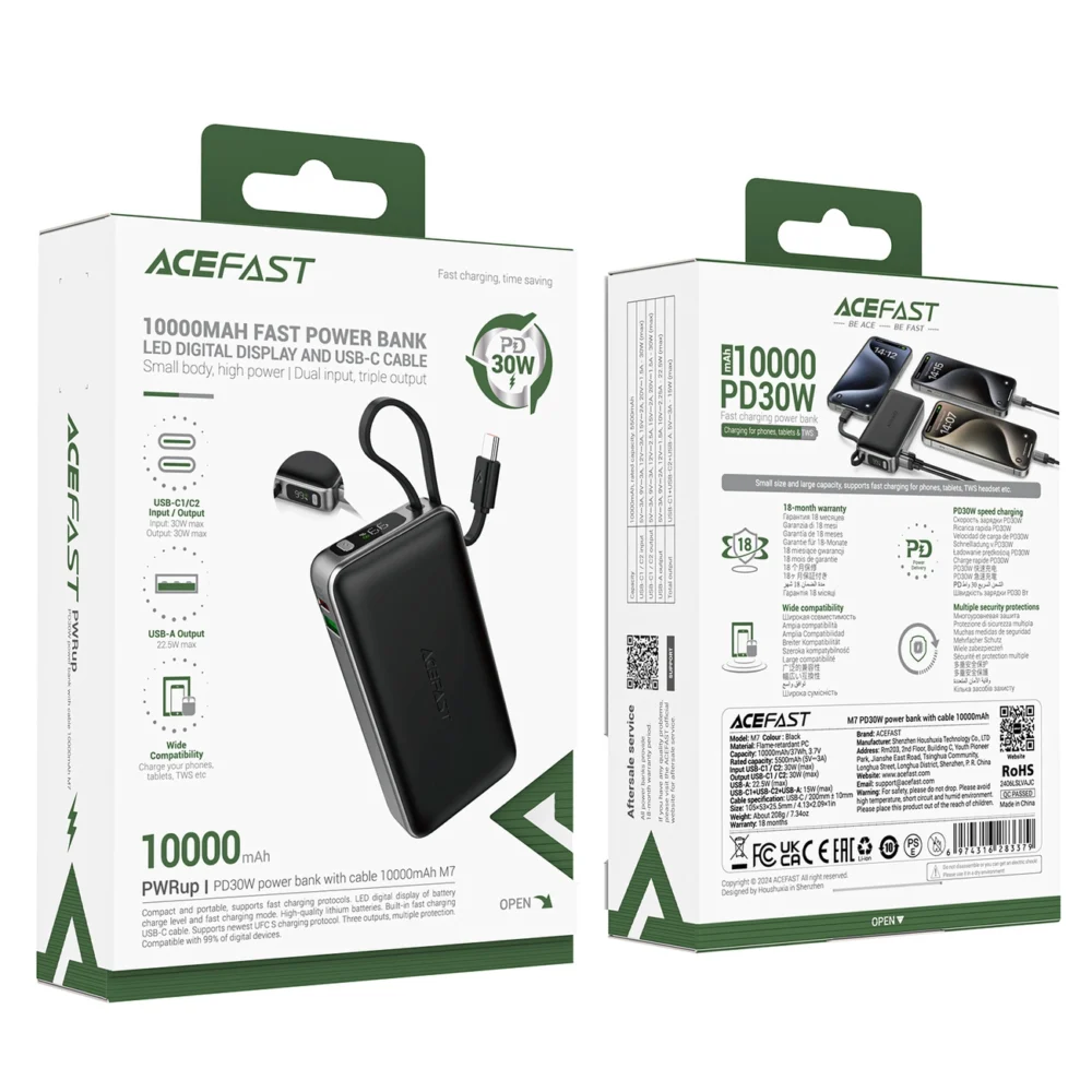 Acefast M7-10000 PD30W Powerbank with Built-in Cable - Blackeng