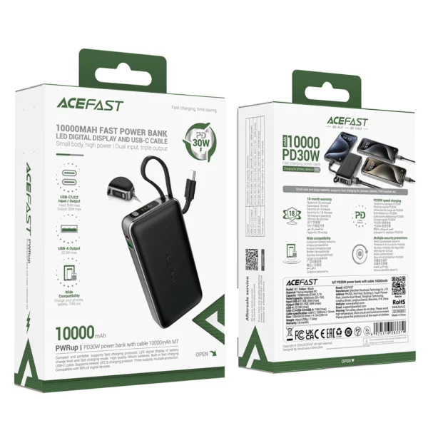 Acefast M7-10000 PD30W Powerbank with Built-in Cable - Blackeng