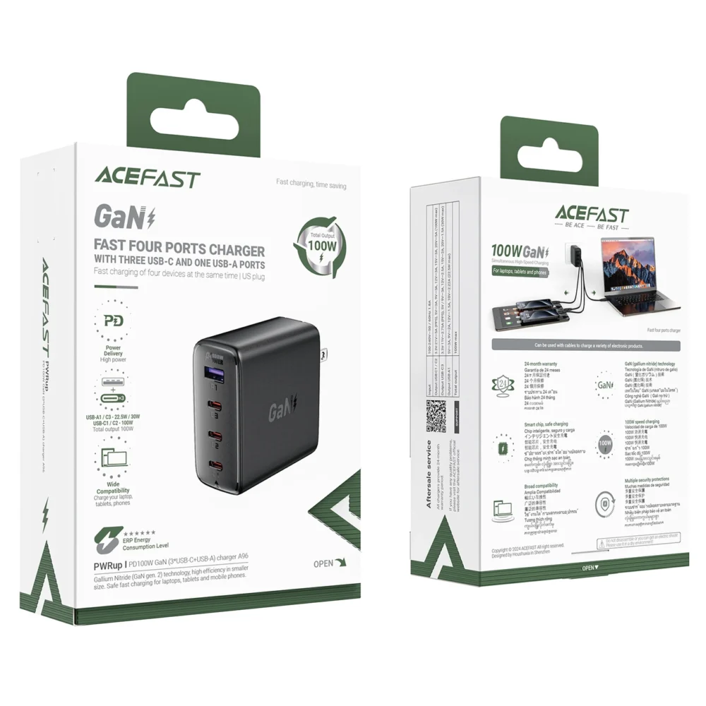 Acefast A96 PD100W GaN Charger (3 x USB-C + 1x USB-A) with US Plug - Blackeng