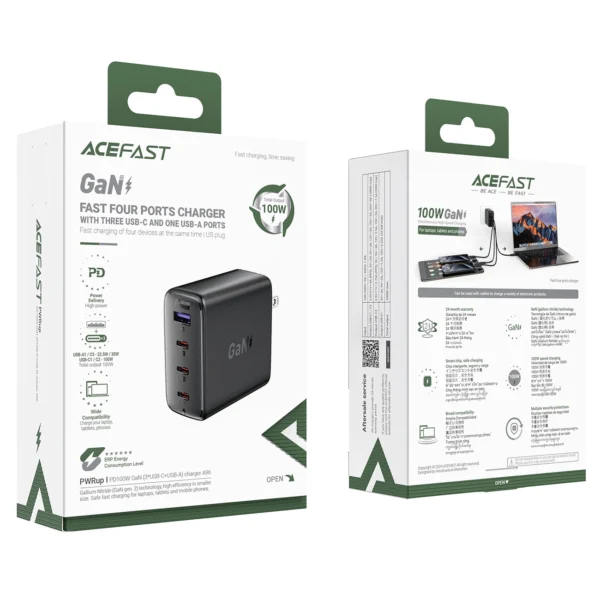 Acefast A96 PD100W GaN Charger (3 x USB-C + 1x USB-A) with US Plug - Blackeng