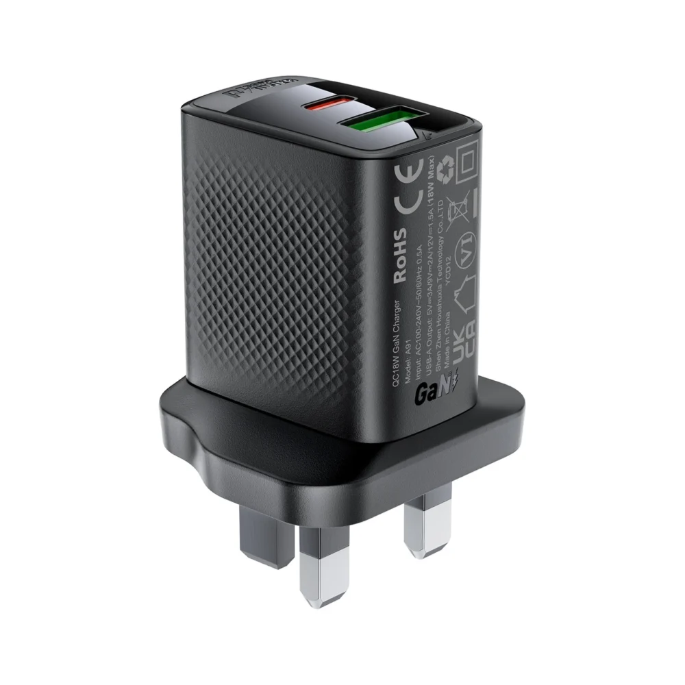 Acefast A99 30W GaN USB-C + USB-A (UK) Wall Charger - Blackeng