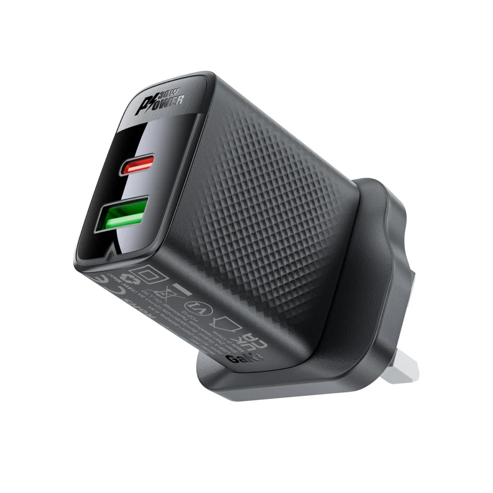 Acefast A99 30W GaN USB-C + USB-A (UK) Wall Charger - Blackeng