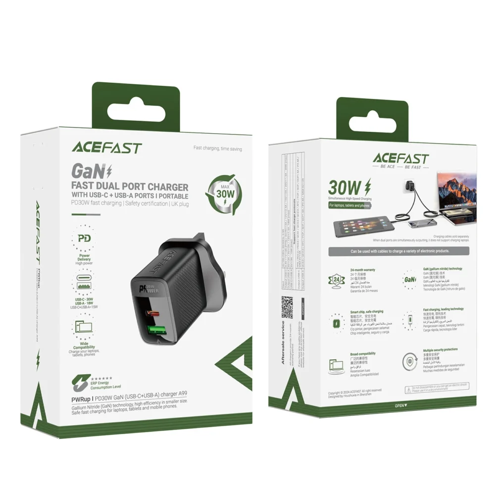 Acefast A99 30W GaN USB-C + USB-A (UK) Wall Charger - Blackeng
