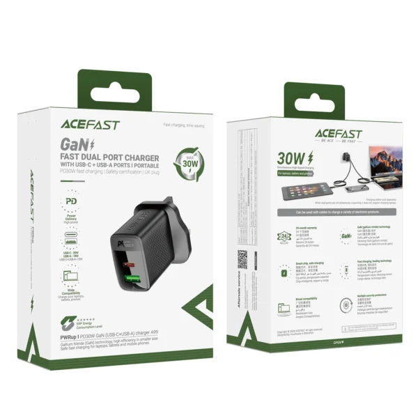 Acefast A99 30W GaN USB-C + USB-A (UK) Wall Charger - Blackeng