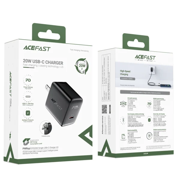 Acefast A3 PD20W Wall Charger with USB-C with US Plug - Blackeng