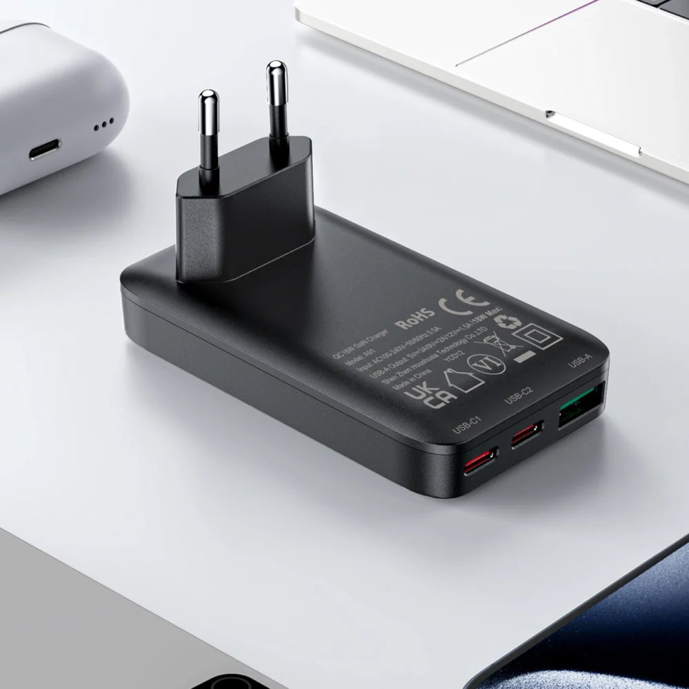 Acefast A100 65W GaN 2 USB-C+ USB-A Charger Ultra Slim - Blackeng