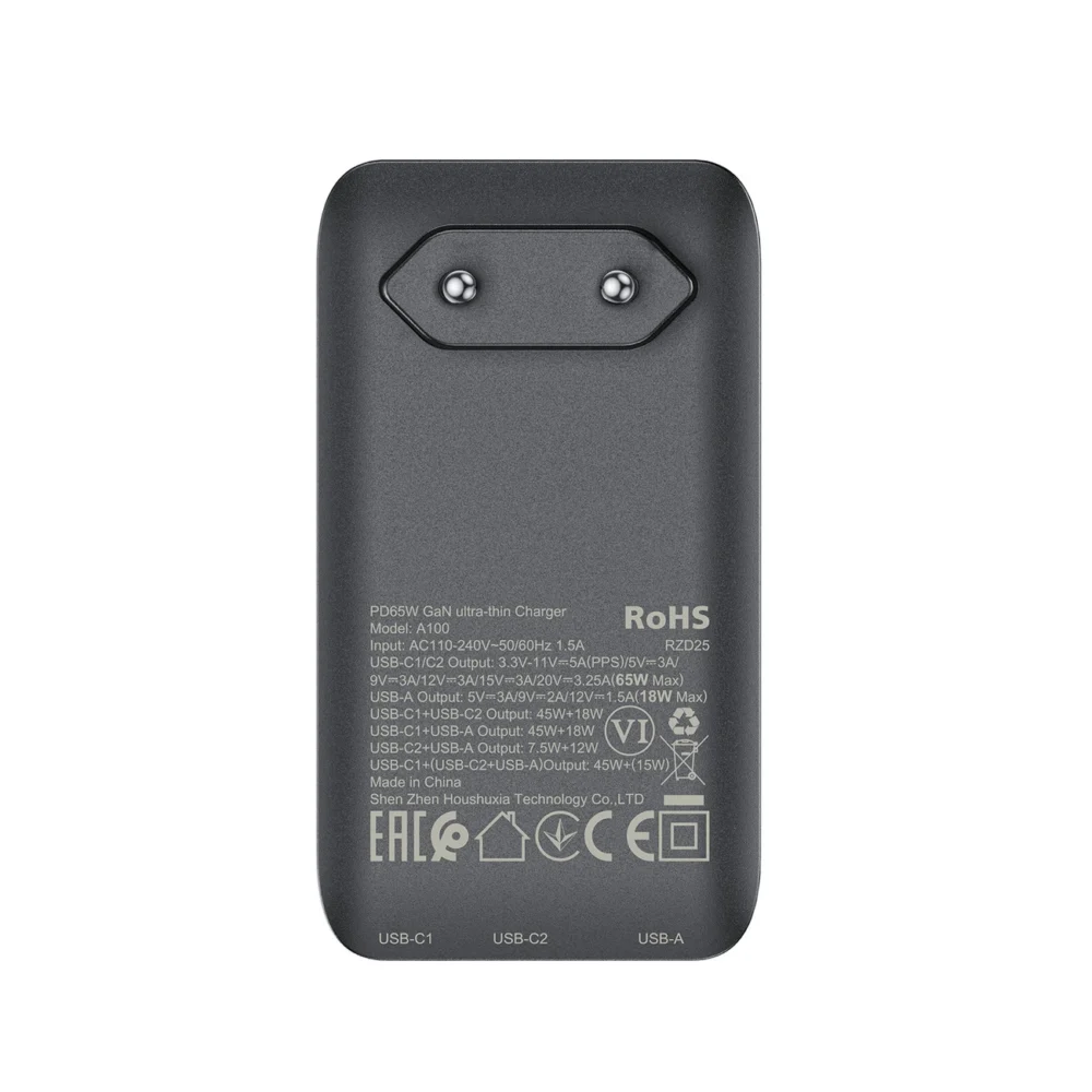 Acefast A100 65W GaN 2 USB-C+ USB-A Charger Ultra Slim - Blackeng