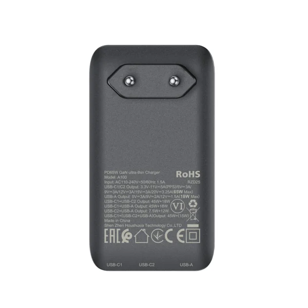 Acefast A100 65W GaN 2 USB-C+ USB-A Charger Ultra Slim - Blackeng