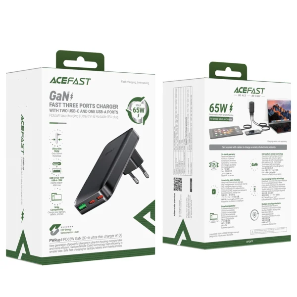 Acefast A100 65W GaN 2 USB-C+ USB-A Charger Ultra Slim - Blackeng