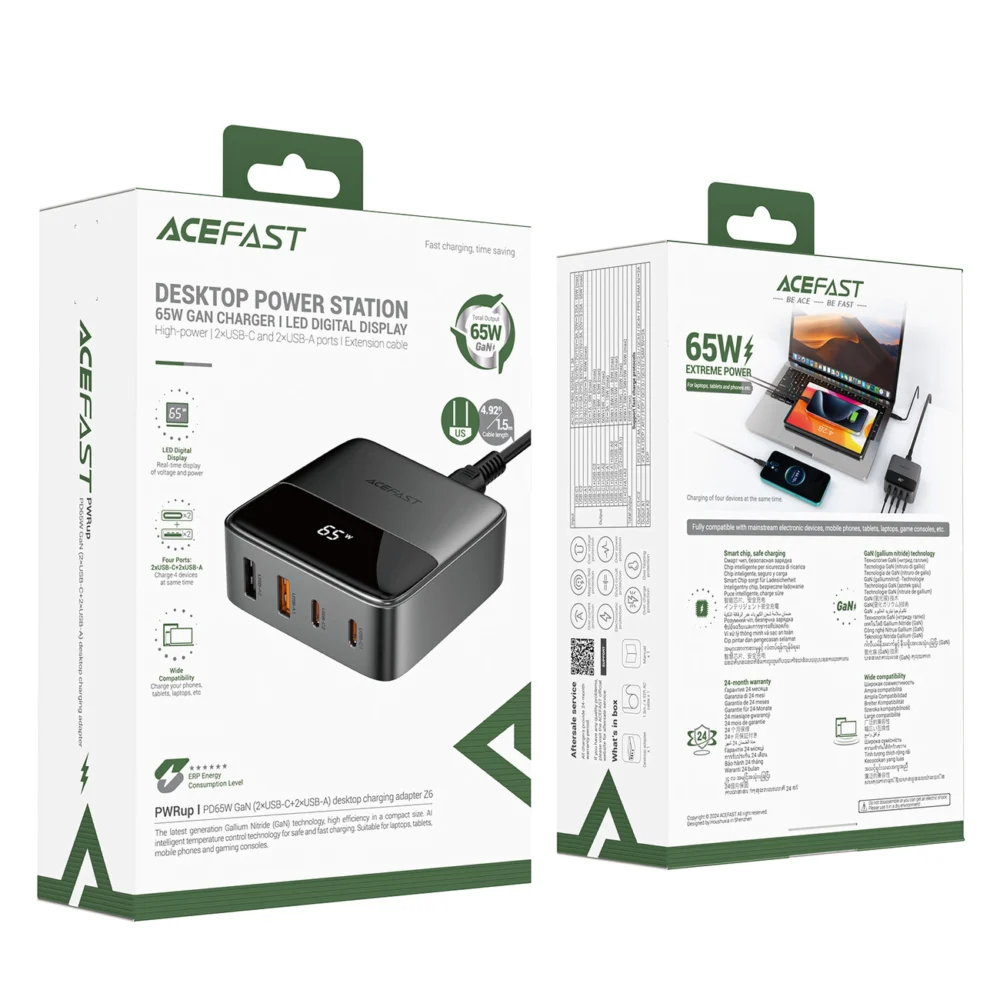 Acefast Z6 PD65W GaN Charging Station (2 x USB-C + 2 x USB-A) with US Tip - Blackeng