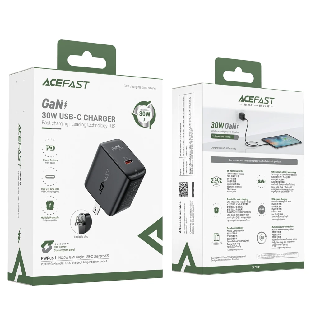 Acefast A23 30W GaN USB-C US Wall Charger - Blackeng