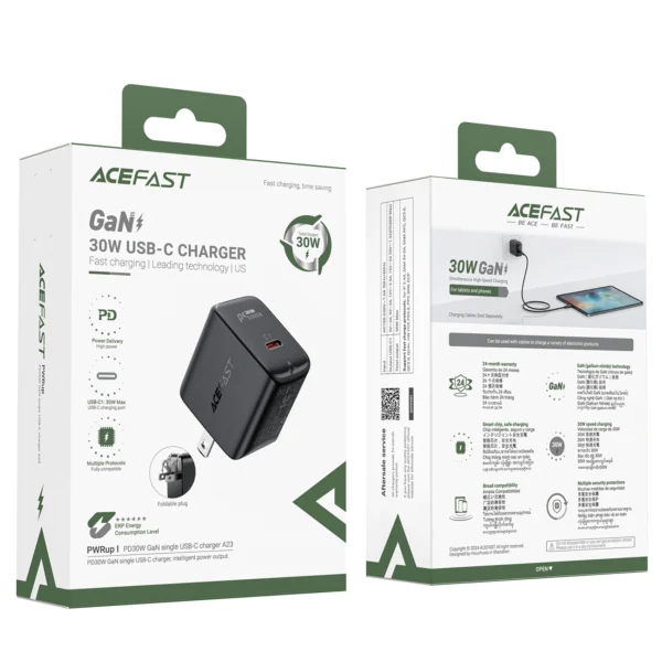 Acefast A23 30W GaN USB-C US Wall Charger - Blackeng
